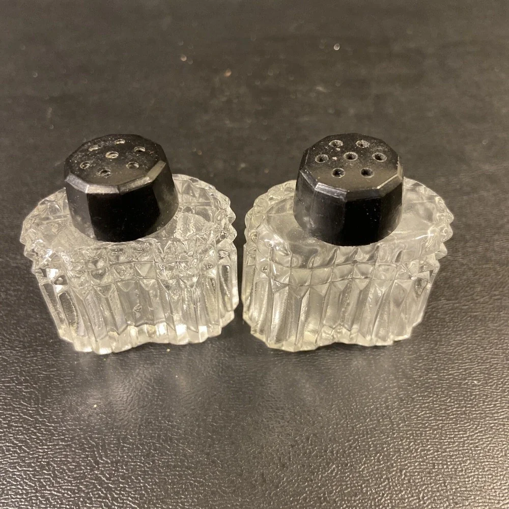 Vintage Salt & Pepper Shakers Retro Diamond Point Clear Black Tops Japan MCM